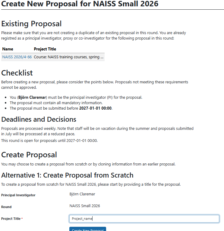 In the 'Create New Proposal for NAISS Small 2026', add a project title and click 'Create new proposal'