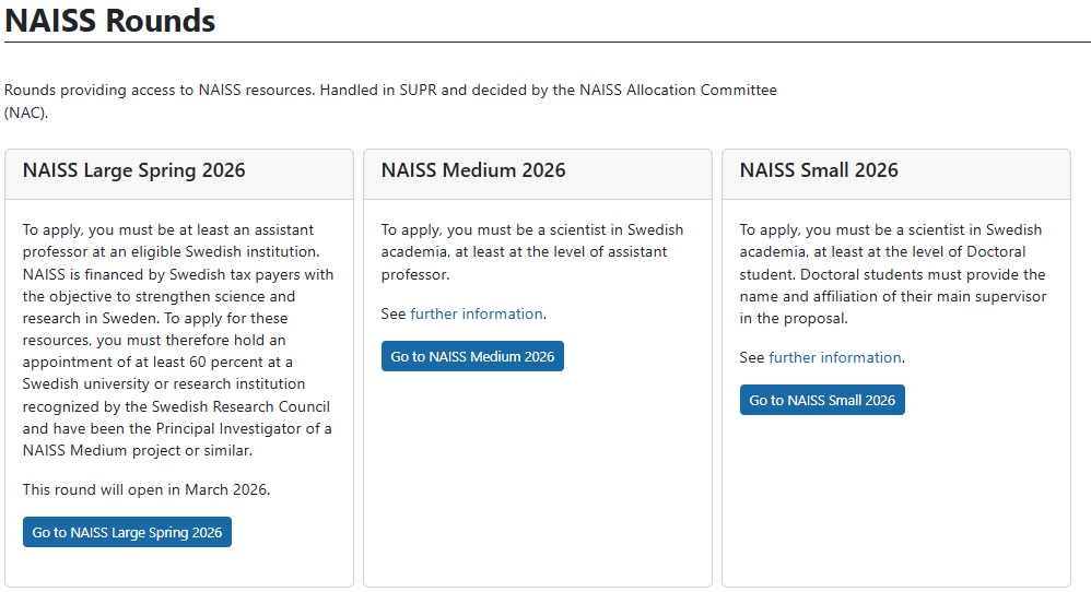 In the 'NAISS Rounds' screen, click 'Create New Proposal for NAISS Small/Medium' for the current year