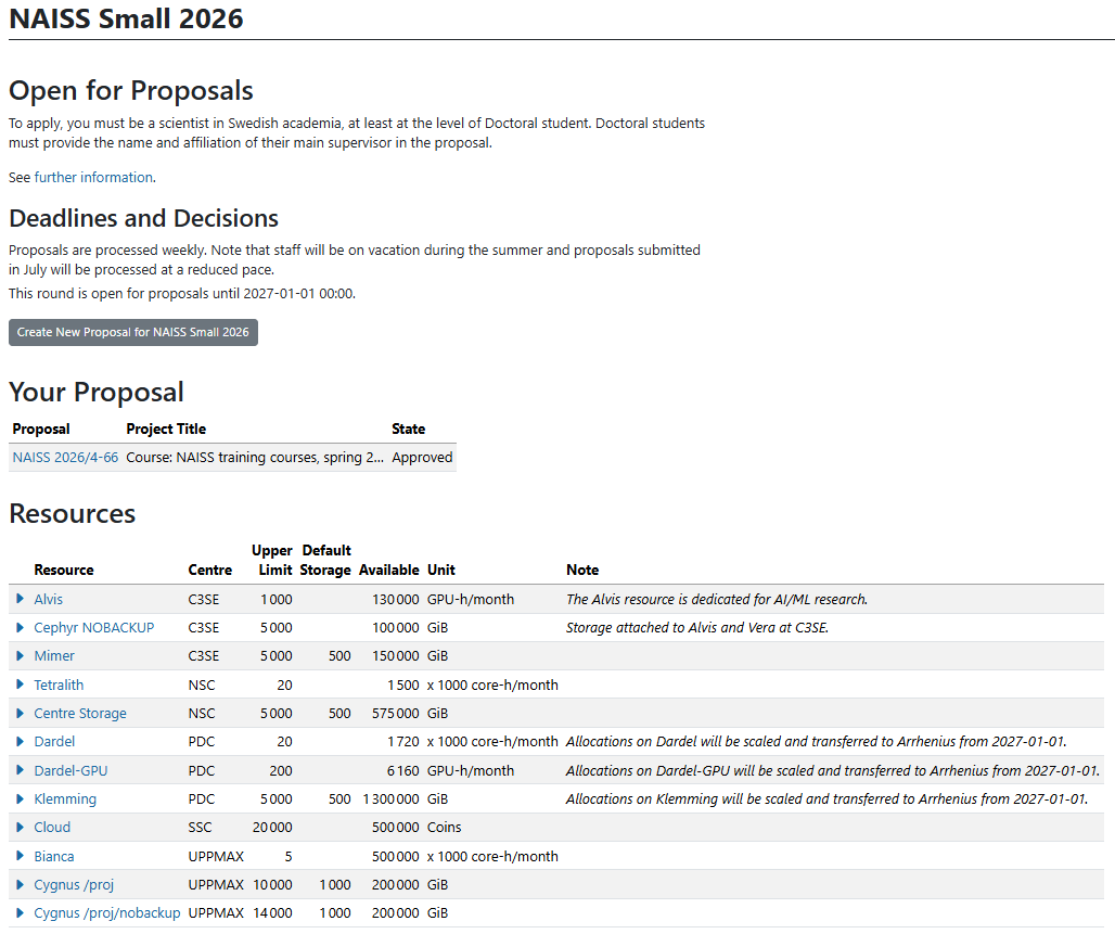 Create New Proposal for NAISS Small/Medium 2026