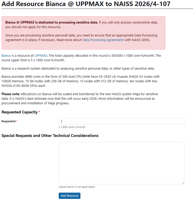 In the 'Add resource Bianca' menu, set the number of core hours and click 'Add resource'