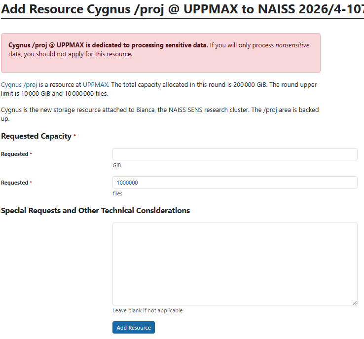In the 'Add resource Cygnus /proj' menu, set the number of  GiB and number of files and 'Add resource'