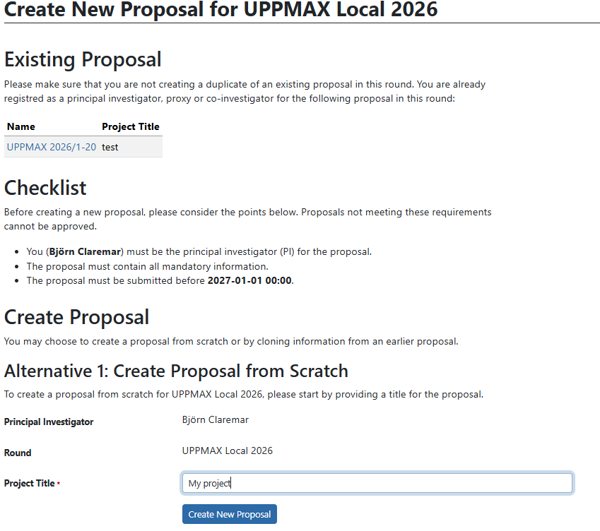 In the 'UPPMAX Local' menu, click on 'Create new proposal'