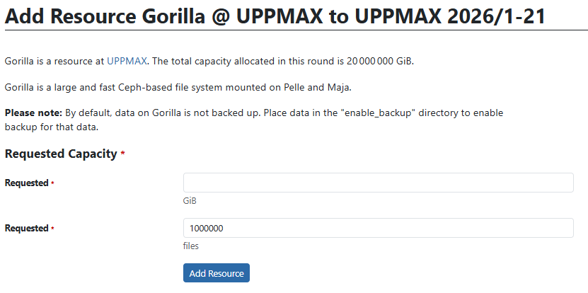 In the 'Add resource Pelle' menu, set the number of core hours and click 'Add resource'
