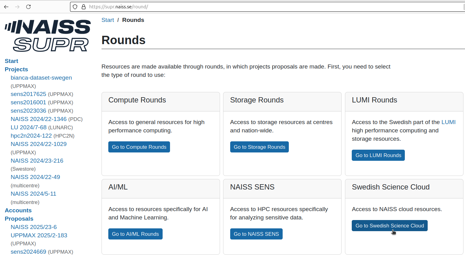 In the 'Rounds' menu, click on 'Go to Swedish Science Cloud'