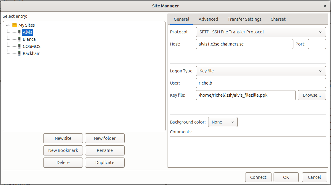 FileZilla configured for Alvis