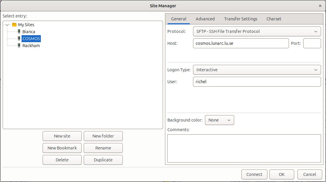 FileZilla configured for COSMOS