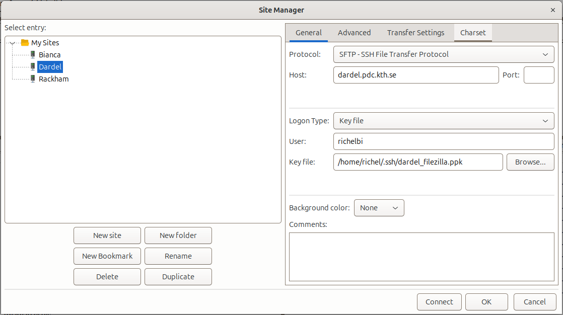 FileZilla configured for Dardel