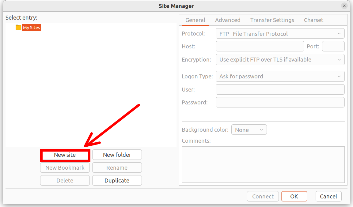 The FileZilla Site Manager