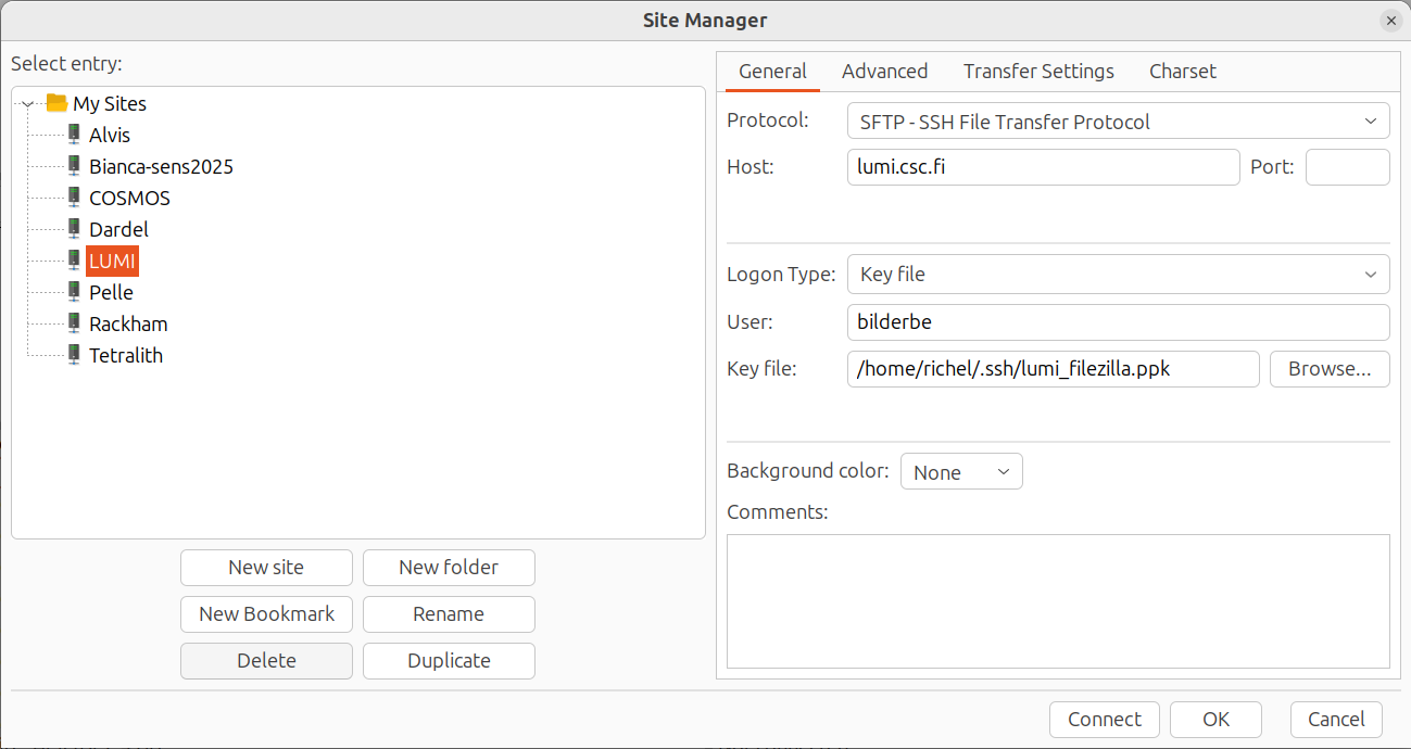 FileZilla configured for LUMI