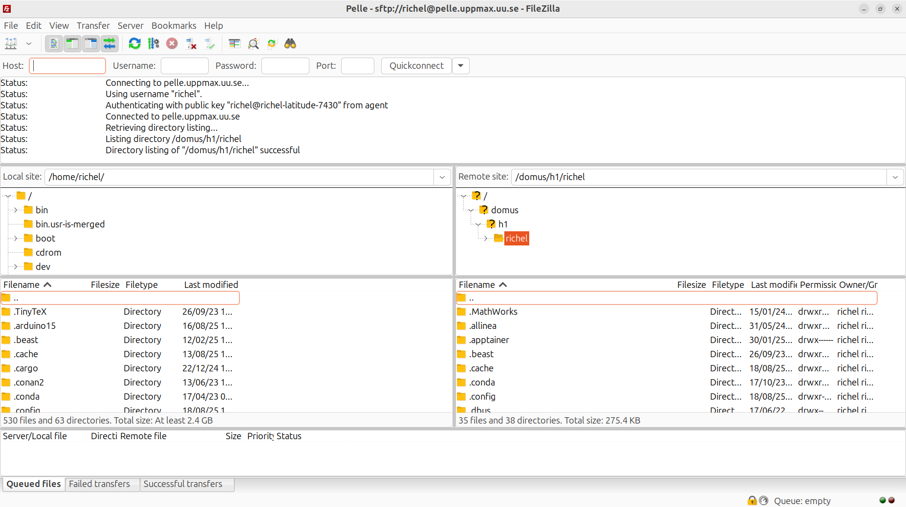 FileZilla is connected to Pelle