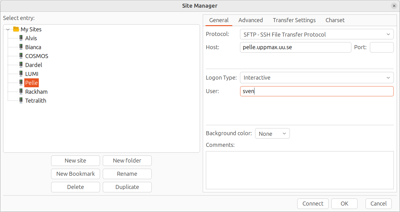 FileZilla configured for Pelle