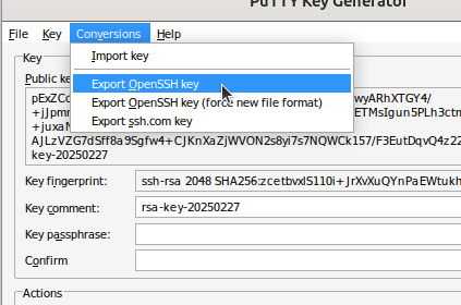 Click on 'Conversions | Export OpenSSH key'